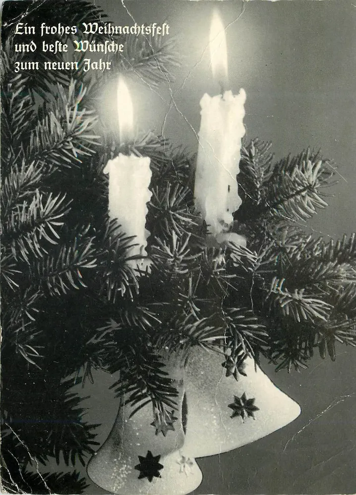 Noël et Nouvel An — deux bougies et branches de sapin — éditeur Druke - Recto