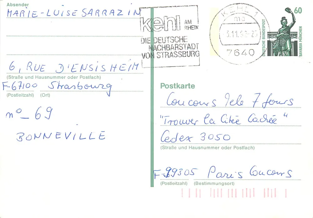 Kehl am Rhein — carte postale avec texte manuscrit — Deutsche Bundespost - Recto