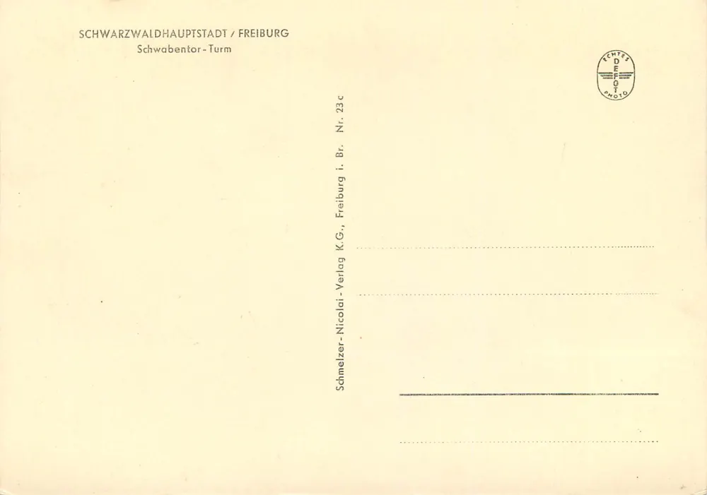 Freiburg im Breisgau — Wieża Schwaebenbrücki — wydawnictwo Schmelzer-Nicolai-Verlag, seria Br. Nr. 23c - Rewers