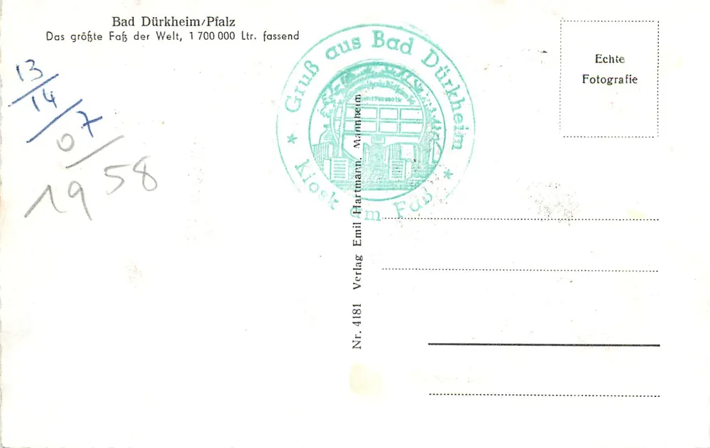 Der größte Fass der Welt — Bad Dürkheim — Verlag Emil Hartmann, Nr. 4181 - Rückseite