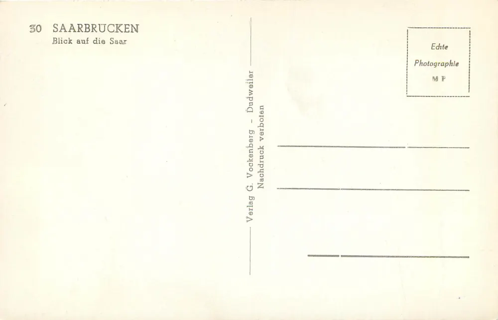 Saarbrücken — View of the Saar — Publisher G. Vockenberge - Dudweiler - Back