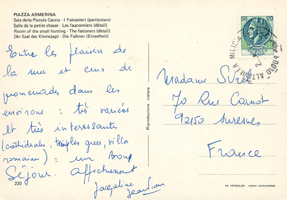 Piazza Armerina — Saal der Kleinen Jagd — Detail der Falkner — Reproduktion verboten - Rückseite