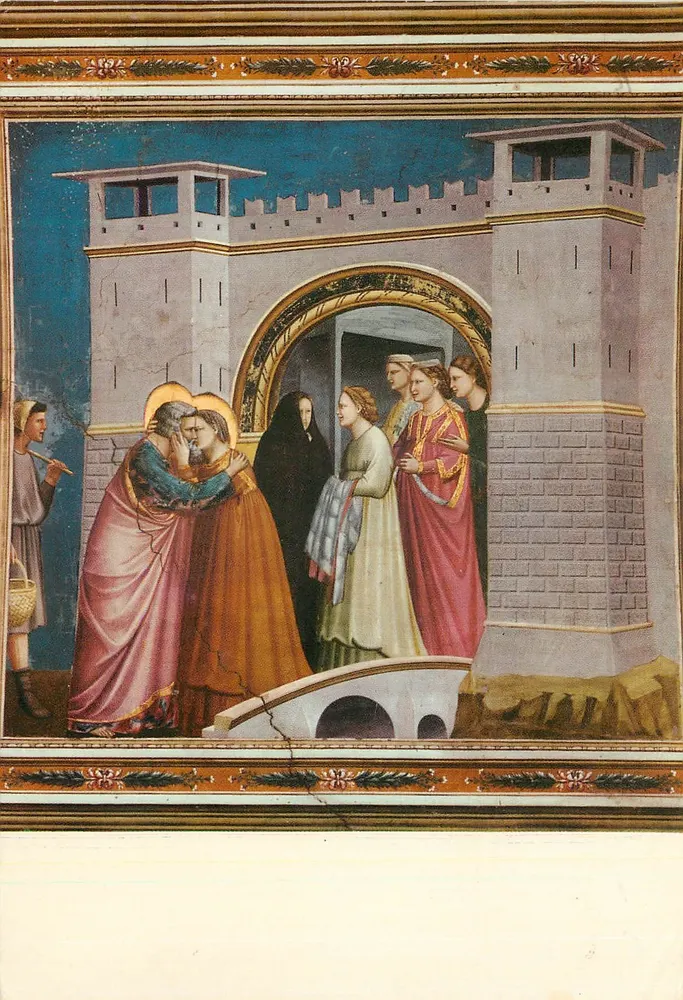 Padova - Capela dos Scrovegni — Encontro de Joaquim e Ana na porta de ouro — Giotto (Ambrogio Bondone), dito, 1336 - Frente