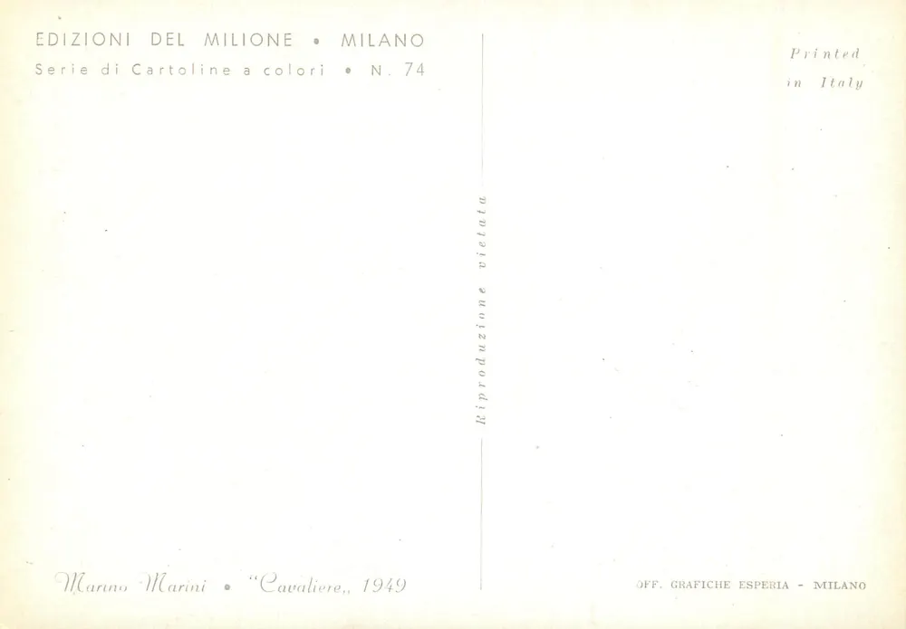 Cavaleiro sobre cavalo — estatueta de argila — Éditions del Milione, N. 74 - Verso