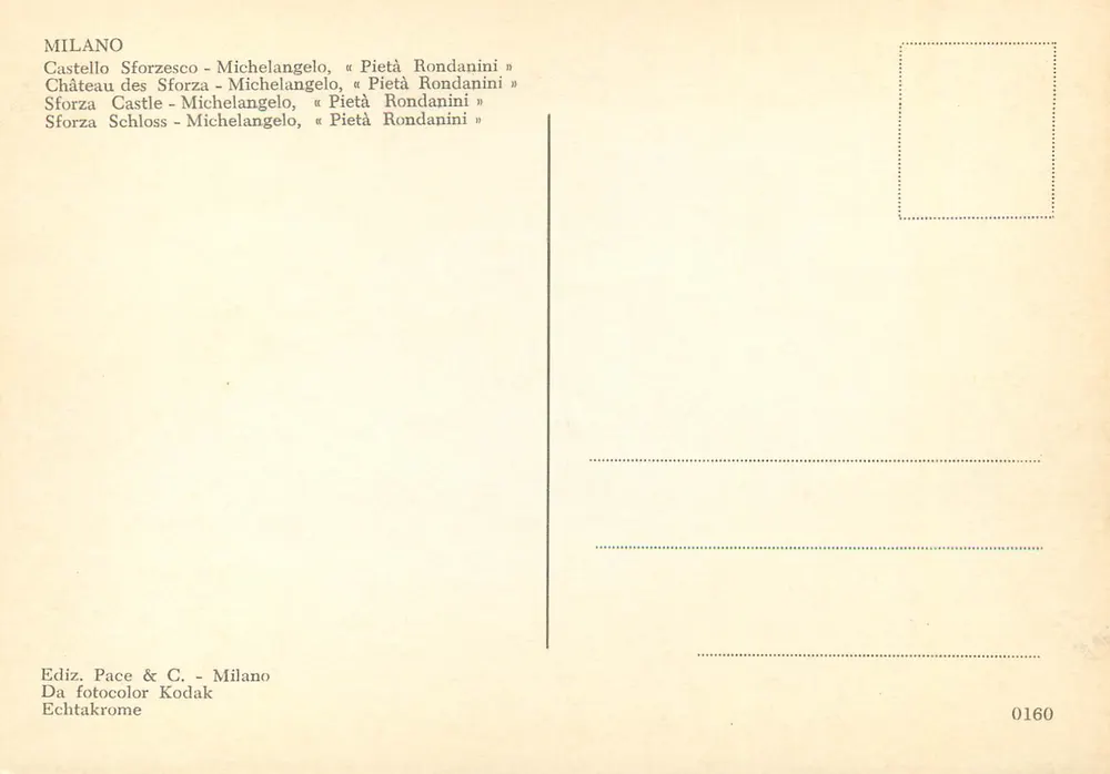 Pietà Rondanini — Michelangelo — Verlag Pace & C. Nr. 0160 - Rückseite
