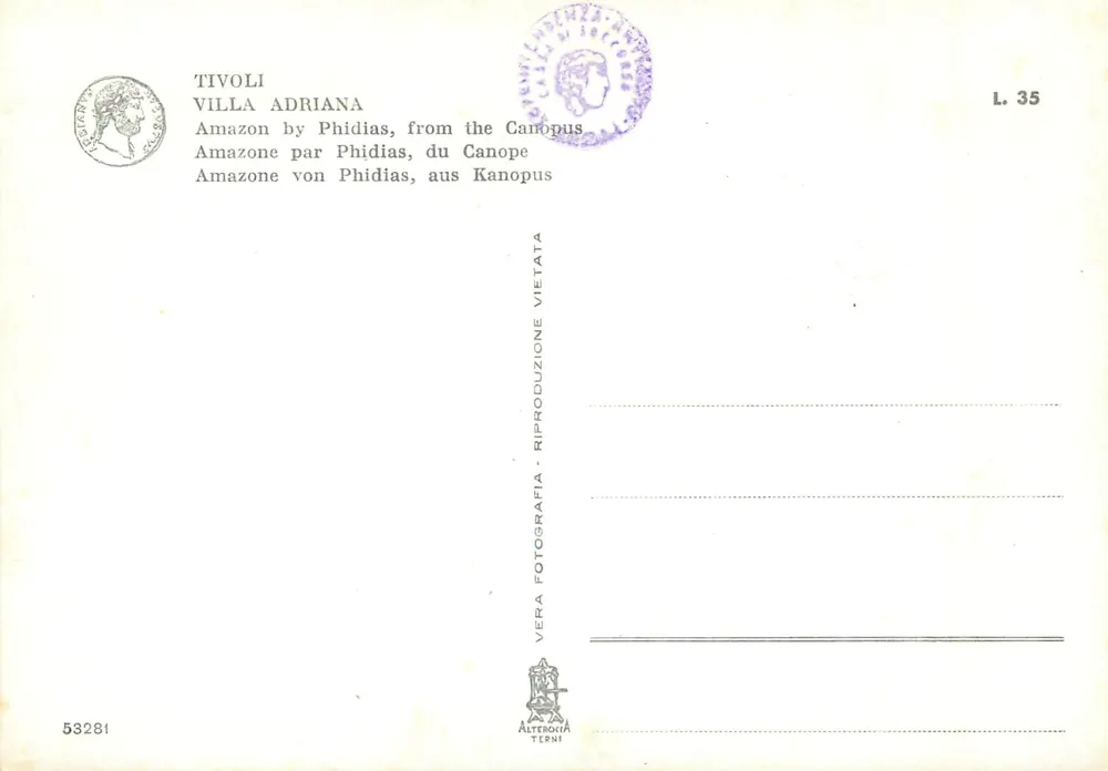 Amazon von Phidias, aus der Villa Adriana — Tivoli — Verleger Alteroia Terni, Nummer L. 35 - Rückseite