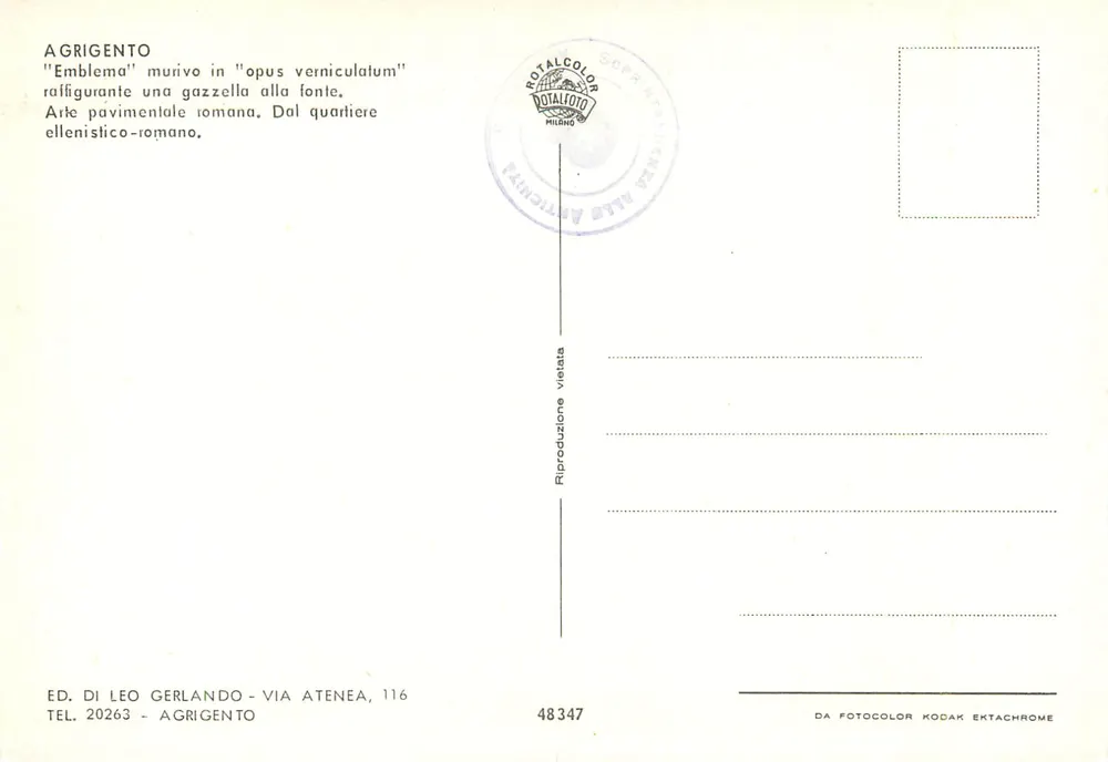 Agrigento — Emblema murivo in 'opus verniculatum' raffigurante una gazzella alla fonte — Ed. Di Leo Gerlando - Rückseite