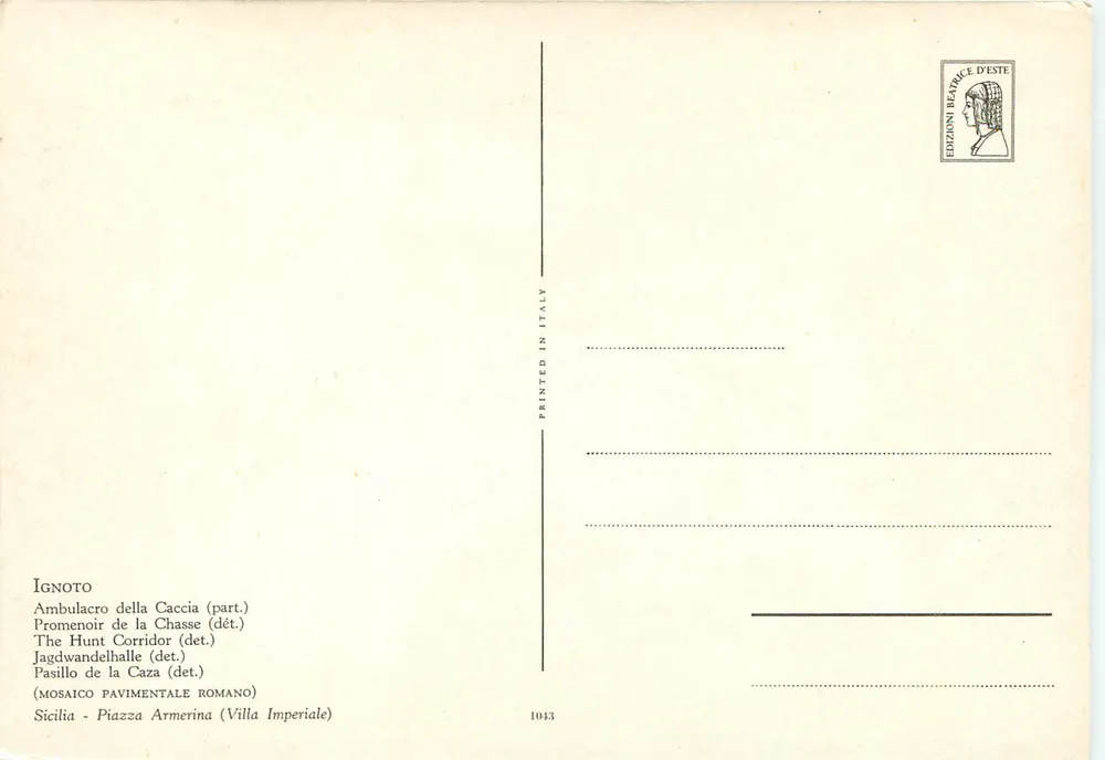 Ambulacro de la Caza (part.) — Promenoir de la Caza (dét.) — Romeinse vloerkleding — Sicilië, Piazza Armerina (Villa Imperiale) — Edities Béatrice d'Este, n° 1043 - Achterkant