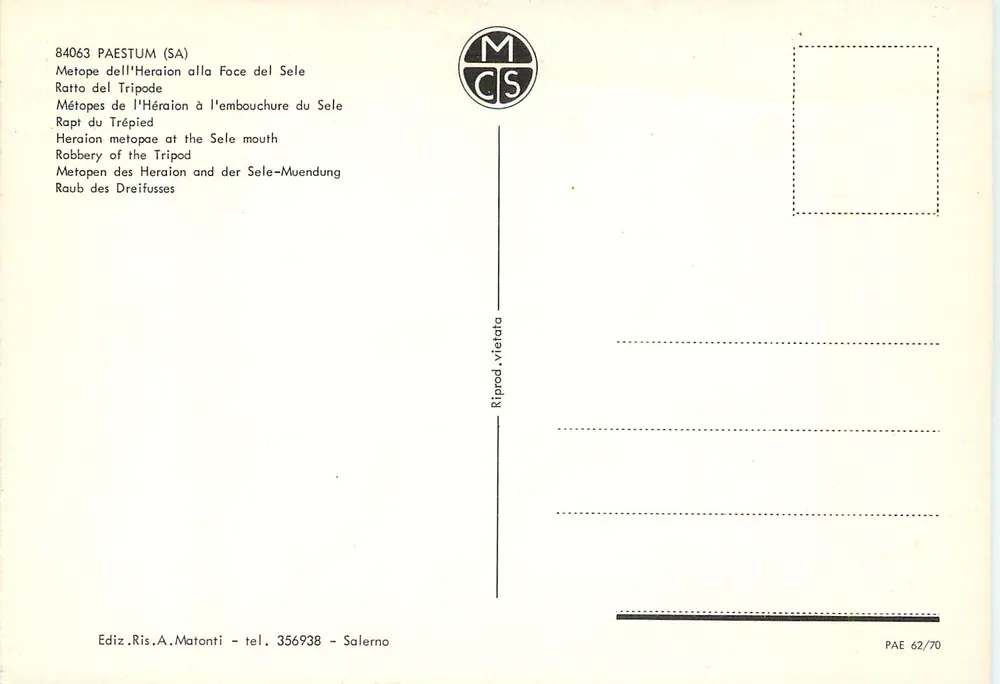 Paestum (SA) — Metope des Heraion am Mündungsgebiet des Sele — Editions A. Matonti - Rückseite