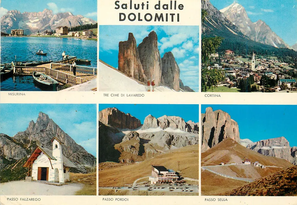 Saudações das Dolomitas — Misurina, Tre Cime di Lavaredo, Cortina, Passo Falzarego, Passo Pordoi, Passo Sella — Fotoedizioni Della Lucia - Frente
