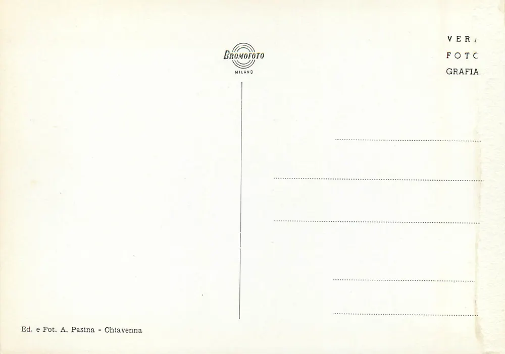 Lago di Monte Spluga (m. 1908) — vista panorâmica com lago, ponte e montanhas nevadas — editor Ed. e Fot. A. Pasina - Chiavenna - Verso