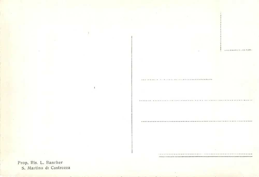 S. Martino di Castrozza — Vista do edifício Rosetta e do maciço das Pale — Propriedade L. Bancher - Verso