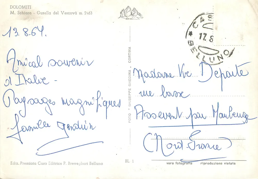 Gusella del Vescovà — Dolomites — Éditeur Giuseppe Ghedina, Cortina - Verso