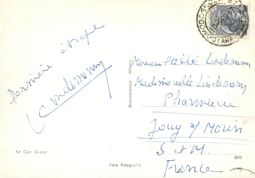 Domodossola — M. Calvario — widok panoramiczny z kościołem i zasnieżonymi górami — Wyd. Cart. Grossi - Rewers