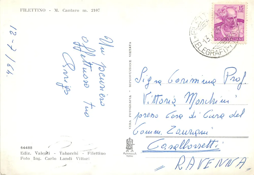 Filettino - Mont Cantaro m. 2107 — Éditeur Ediz. Valentini - Tabacchi - Filettino, n° 64488 - Verso