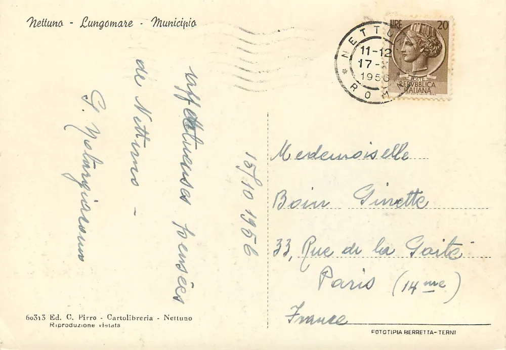 Nettuno - Lungomare - Municipio — editor C. Pirro, n° 66313 - Verso