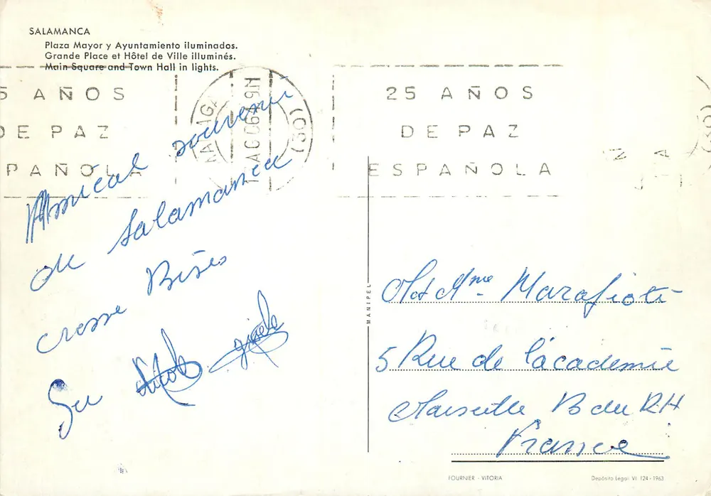 Plaza Mayor de Salamanca — beleuchtet bei Nacht — Verlag Tournier-Vitoria, Nr. 124-1963 - Rückseite