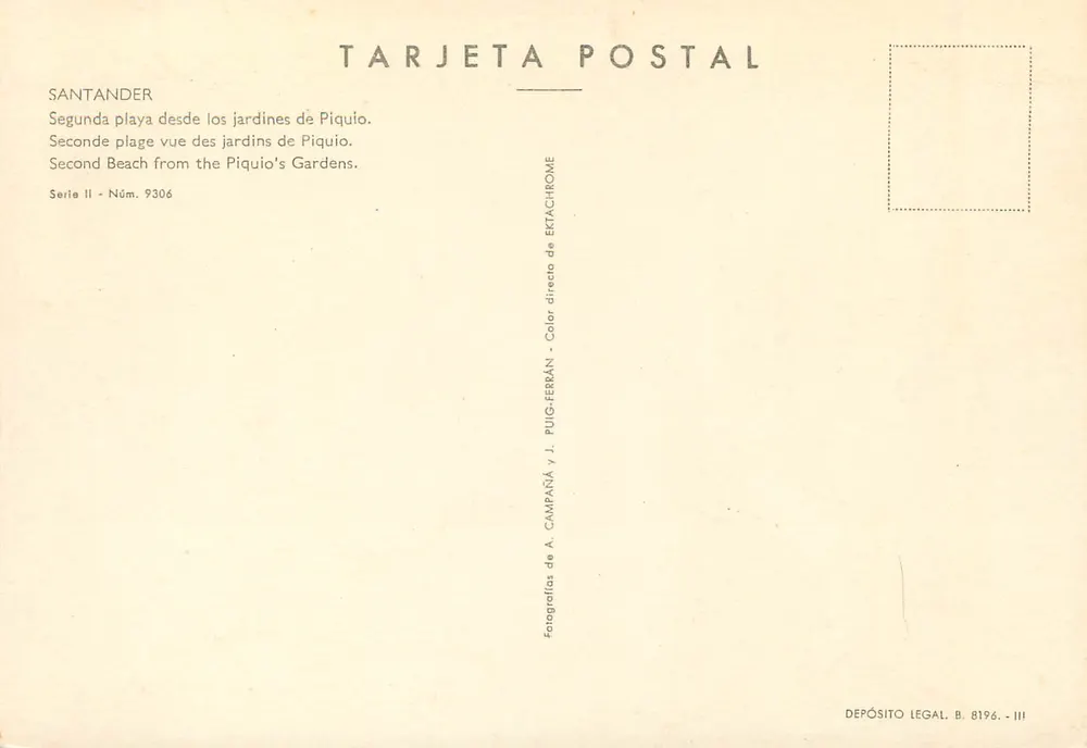 Santander — Tweede Strand vanaf de Tuinen van Piquio — Uitgever Puig-Ferrán, N° 9306 - Achterkant
