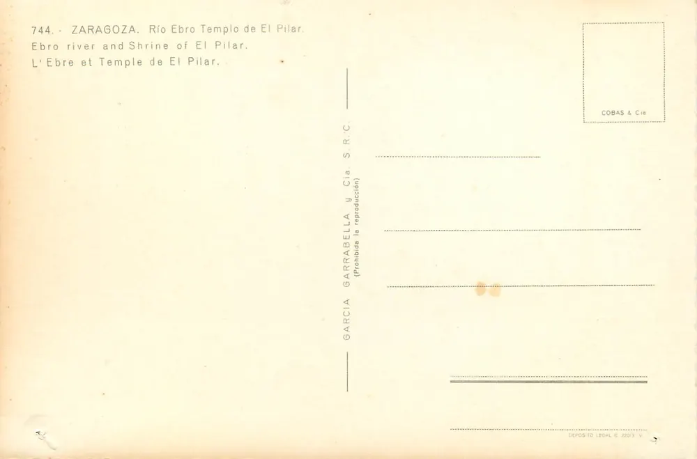 Zaragoza — Río Ebro et Sanctuaire d'El Pilar — éditeur COBAS & Cie, n° 744 - Verso