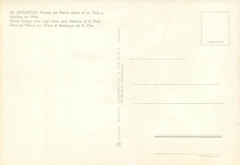 Zaragoza — Pont de Pierre sur l'Èbre et Basilique de El Pilar — éditeur COBAS & Cia, n° 34 - Verso