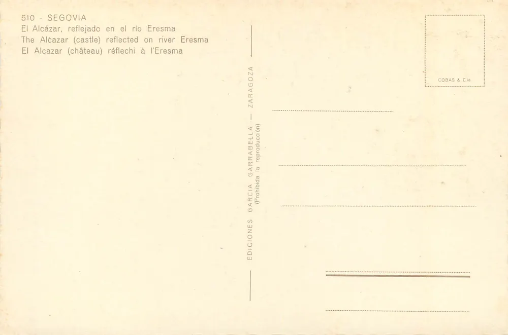 Alcázar de Segóvia — refletido no rio Eresma — Edições García Garrabella, n°510 - Verso