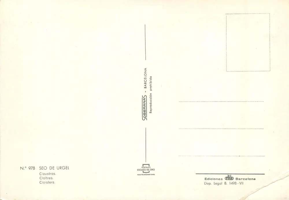 Cloître du Séou d'Urgel — vista desde as arcadas — editor Soberanas, n° 978 - Verso