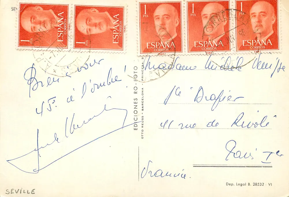 Seville — Torre da Conciergerie e estátua ao lado da água — Éditions Reuiss, Barcelone - Verso