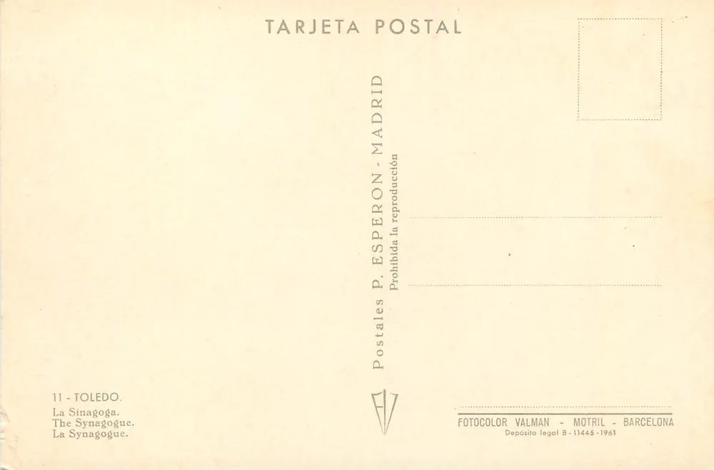 Sinagoga de Toledo — Interior decorado — Postales P. Esperon, Madrid - Verso
