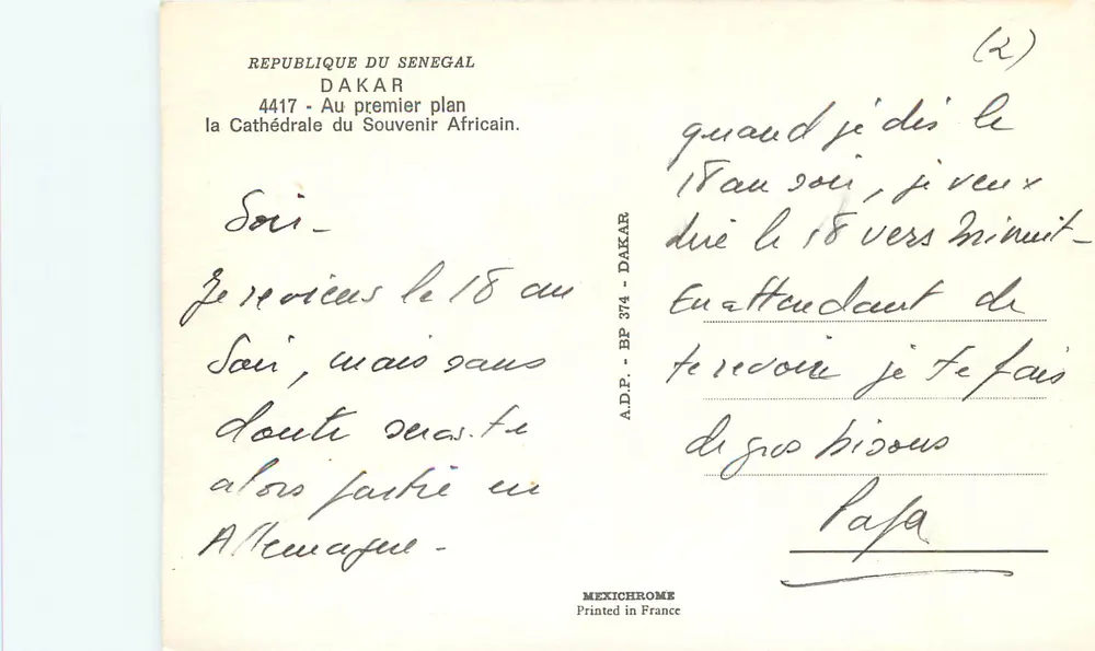 Cathédrale du Souvenir Africain — Dakar — République du Sénégal, éditeur A.D.P. n° 4417 - Verso