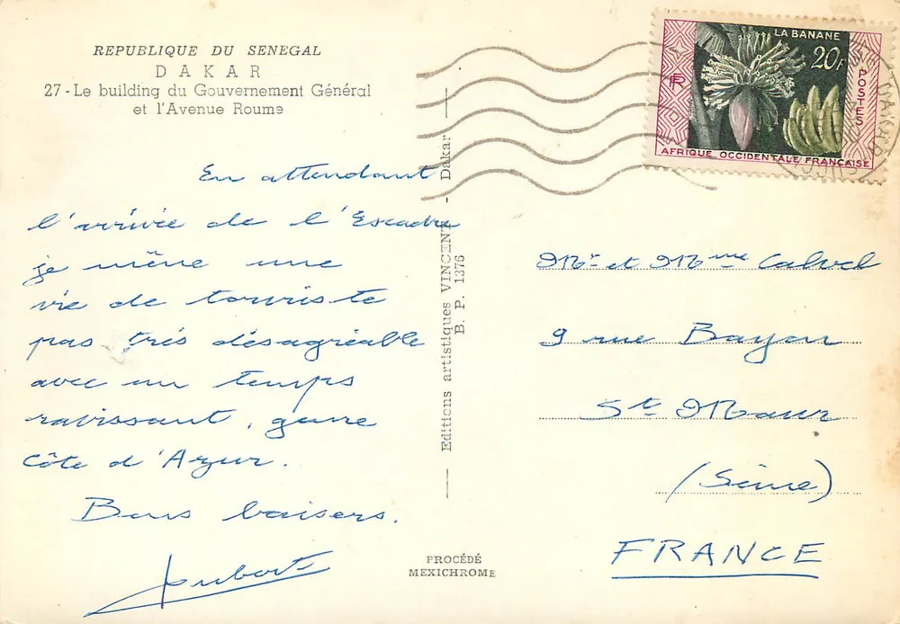 Dakar — Das Gebäude des Generalgouvernements und Avenue Roume — Éditions artistiques VINCENT - Rückseite
