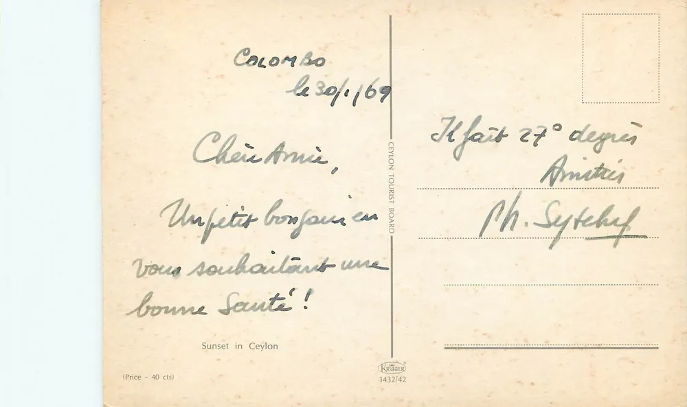 Pôr do sol — Ceylan — editor Kruger, n° 1432/42 - Verso