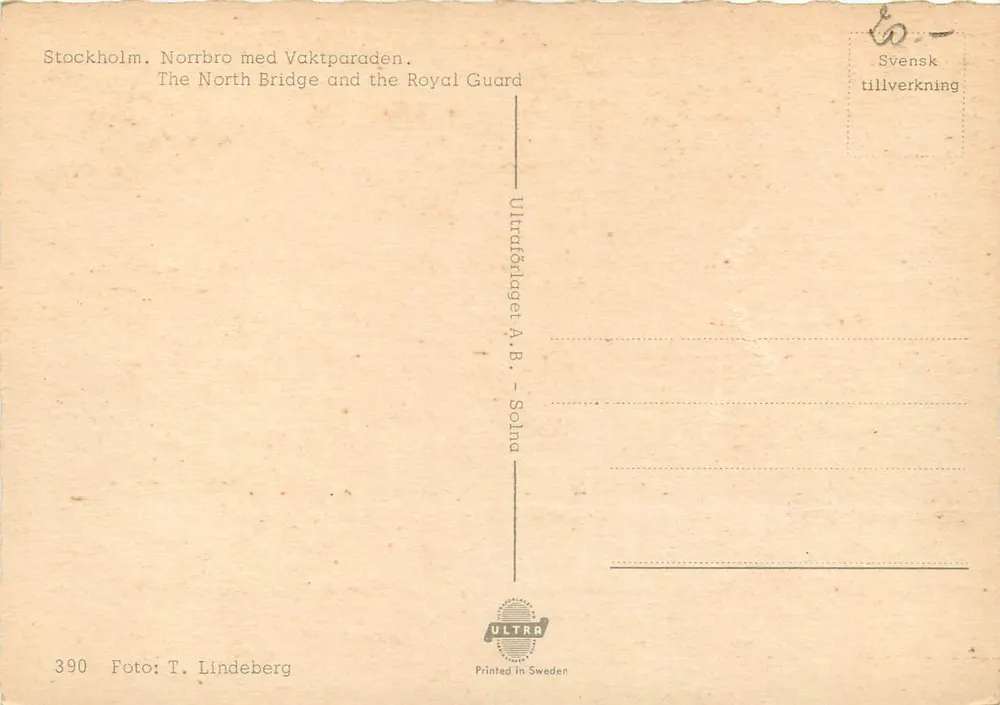 Stockholm, Norrbrö mit der Parade des Königlichen Garde — Ultrafotolager A.B. - Solna - Rückseite