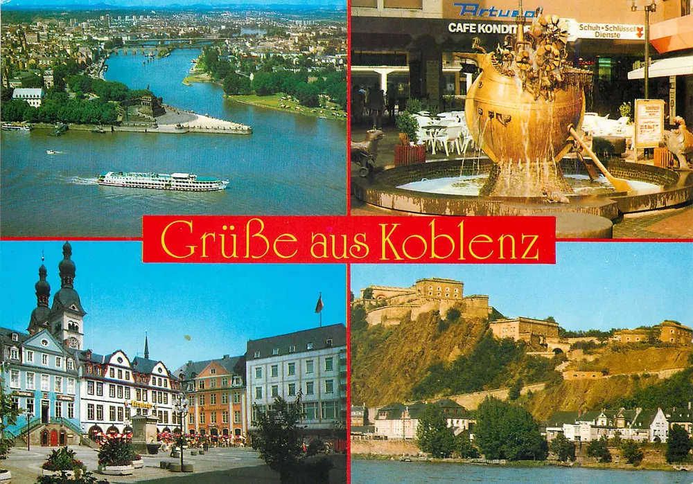 Koblenz — luchtfoto, fontein, stad en kasteel — Rahmel Verlag - Voorkant