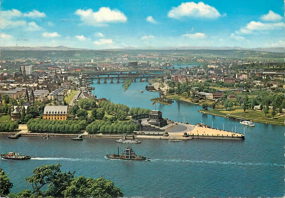 Koblenz am Rhein — vue panoramique du Rhin et du château — éditeur Deutsches Eck - Awers