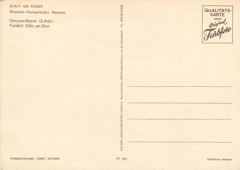 Mosaïek van Dionysos — 2e eeuw na Chr. — Kölner Ansichtskarten-Verlag, n° FF 109 - Achterkant