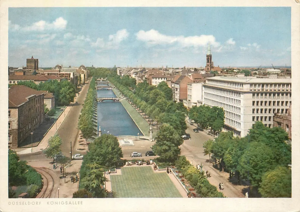 Düsseldorf - Königsallee — vista aérea com canal e edifícios — Hans Andres Verlag, série D 185/5523 - Frente