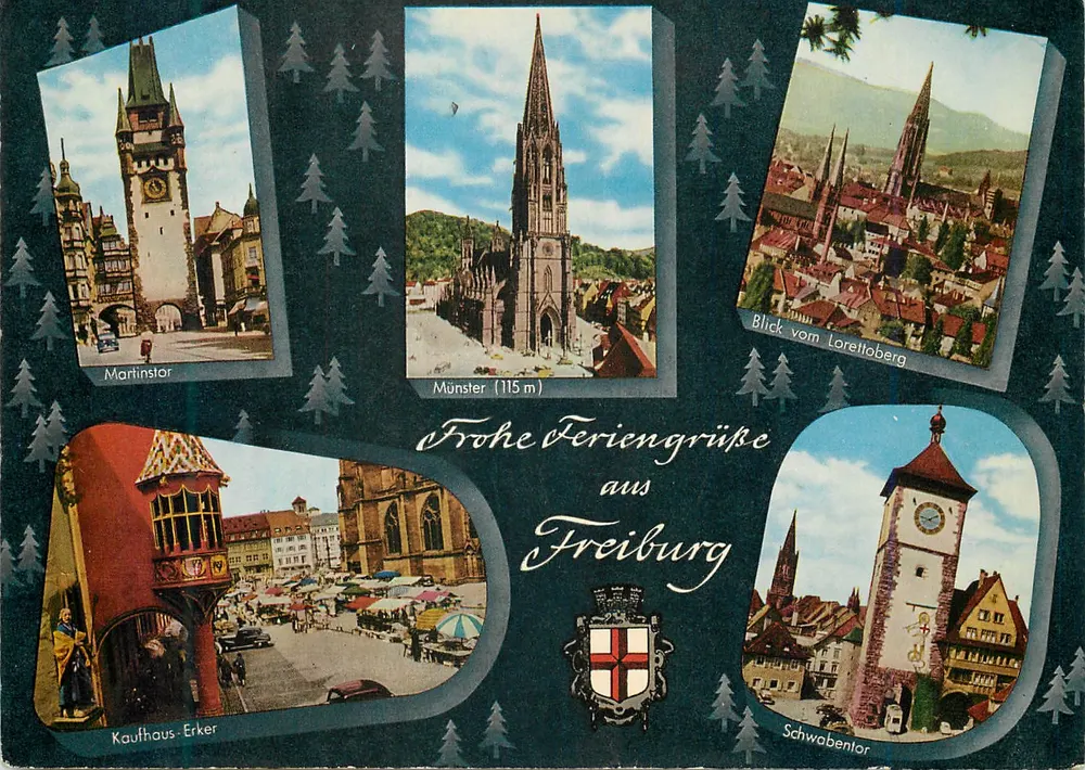 Freiburg — Vista panorâmica com Martinstor, Münster, Lorettoberg, Kaufhaus-Erker e SchwabenTor — Schmelzer-Nicolai-Verlag - Frente