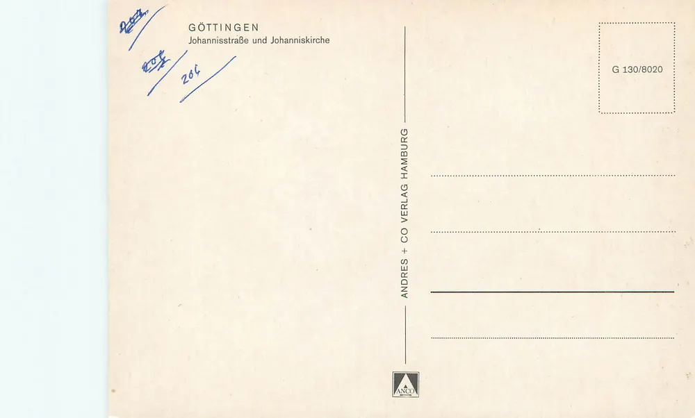 Göttingen — Johanniskirche e Johannisstraße — Andres + Co Verlag Hamburg - Verso