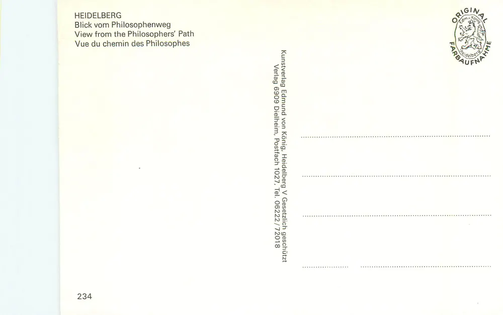 Heidelberg — Vista do Caminho dos Filósofos — Kunstverlag Edmund von König, Heidelberg - Verso