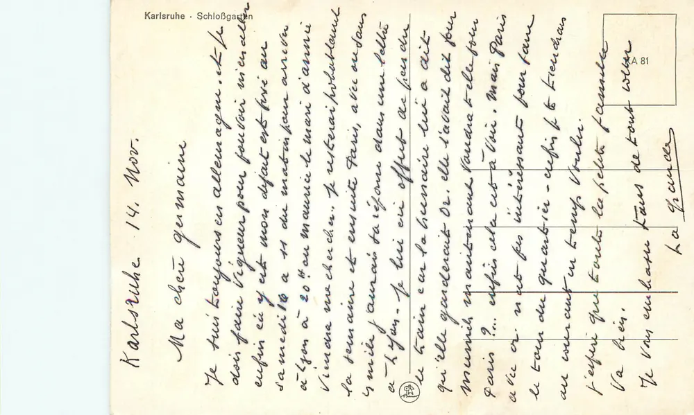 कार्लस्रूए के श्लॉसगार्टेन - किले और नेनूफार के झील का दृश्य - प्रकाशक A 81 - पीछे