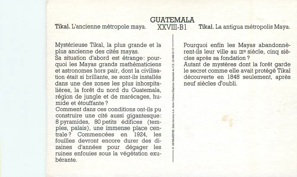 Tikal. De oude Maya-metropool — Guatemala — Édito-Service S.A. n° XXVIII-B1 - Achterkant