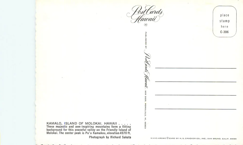 Kamalo, Insel Molokai, Hawaii — Aussicht auf Tal und Berge — PostCards Hawaii, Nr. C-306 - Rückseite
