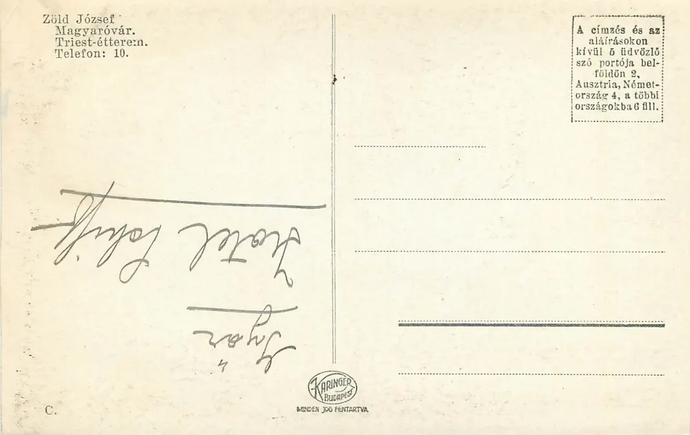 Ristorante Stadt Triest — Sala da Pranzo — Étterem — Speisesaal — Magyaróvár - Verso