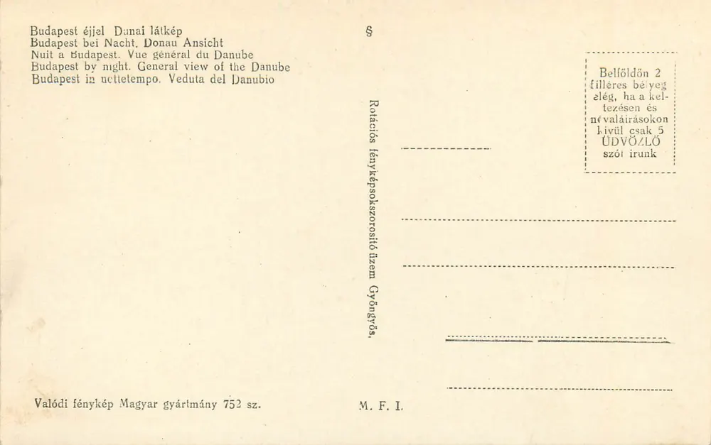 Budapest éjjel Dunai látkép — Vue générale du Danube — Éditeur Valódi fénykép Magyar gyártmány 752 sz. - Verso