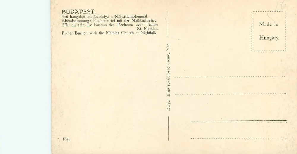 Budapest — Bastion Halászbástya mit Kirche Saint-Mathias — Berger Ernő, n° 164 - Rückseite