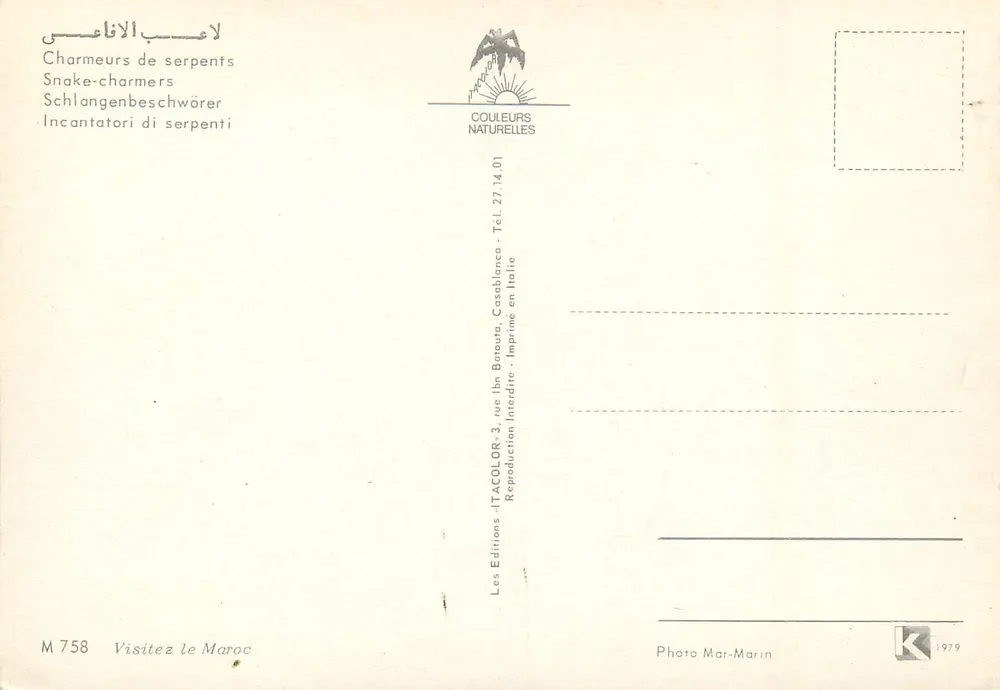 Encantadores de serpentes — Marrocos — Éditions COULEURS NATURELLES, n° M 758 - Verso