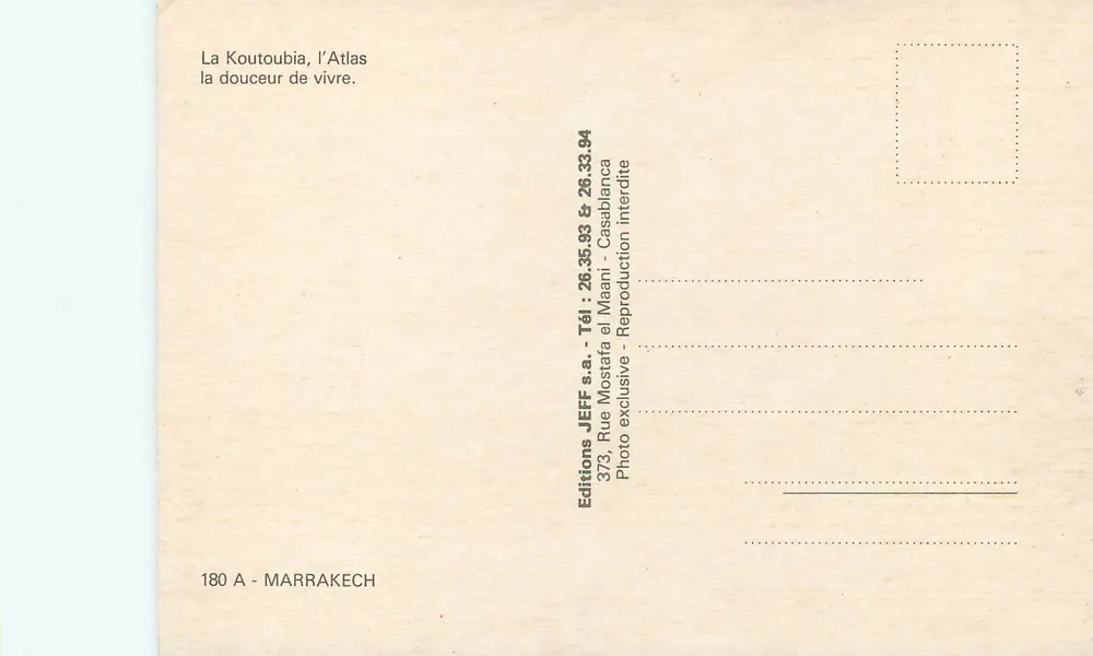 A Koutoubia, o Atlas — A doçura de viver — Edições JEFF s.a. - Marrakech - Verso