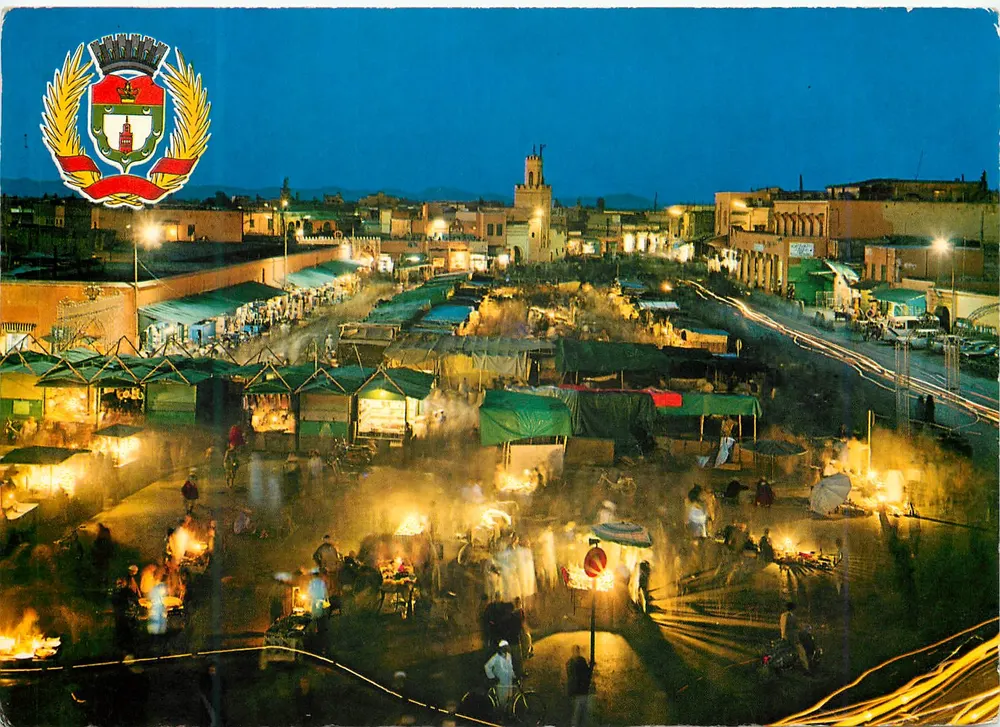 Rynek Marrakechu — noc — Armie miasta i Plac Djemaa el Fna — wydawca JEFF - Awers