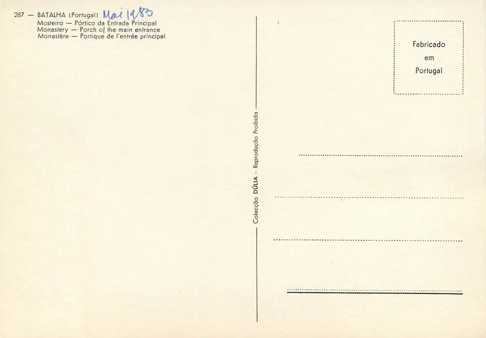 Batalha — Portal des Haupteingangs — Sammlung DÚLIA, Nr. 287 - Rückseite