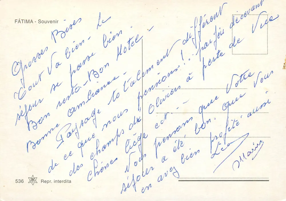FATIMA — Pamiątka — Repr. interdita n° 536 - Rewers